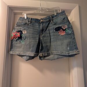 a.n.a Light Blue Jean Shorts with Floral Embroidery